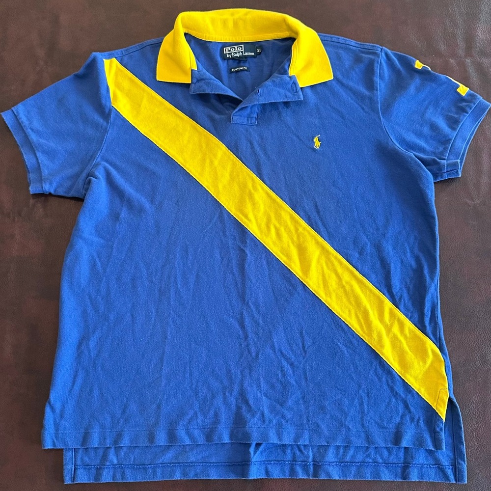 Polo Ralph Lauren Mens XL Blue Yellow Sash Stripe Custom Fit Polo Shirt #1 Logo